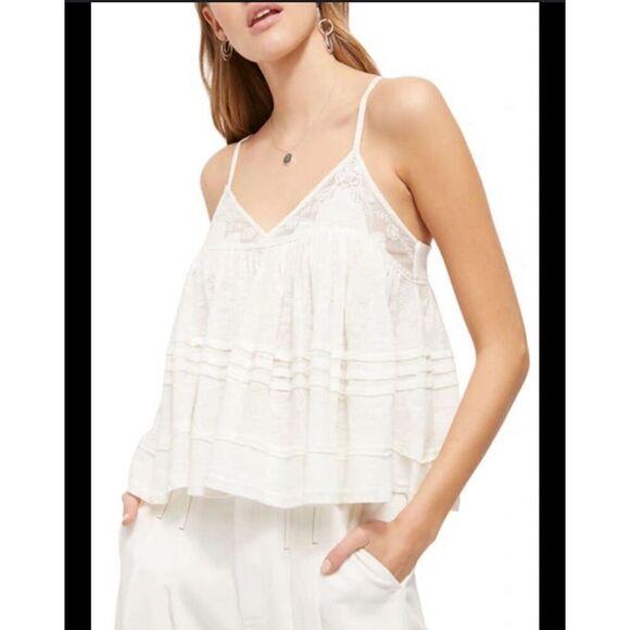 Free People White Tank Top Lace Floral Womens Size Small Linen Blend Babydoll - Picture 1 of 10